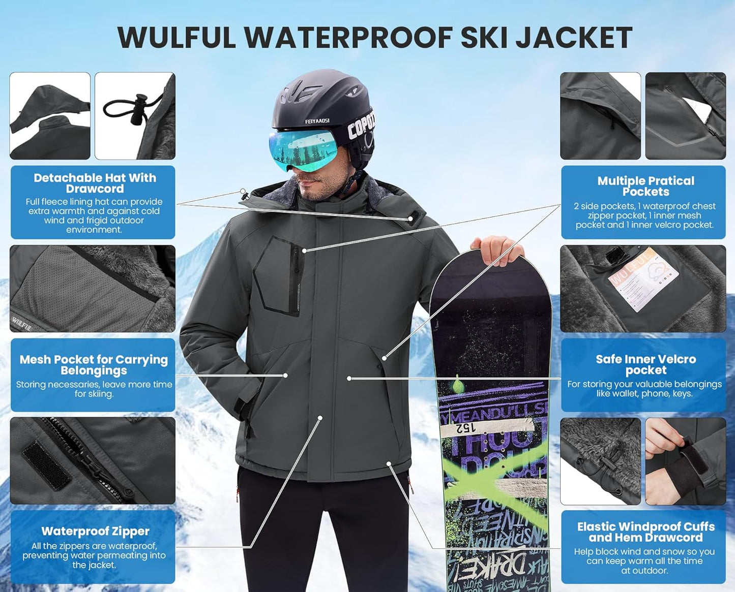 Men'S Waterproof Ski Jacket Warm Winter Snow Coat Mountain Windbreaker