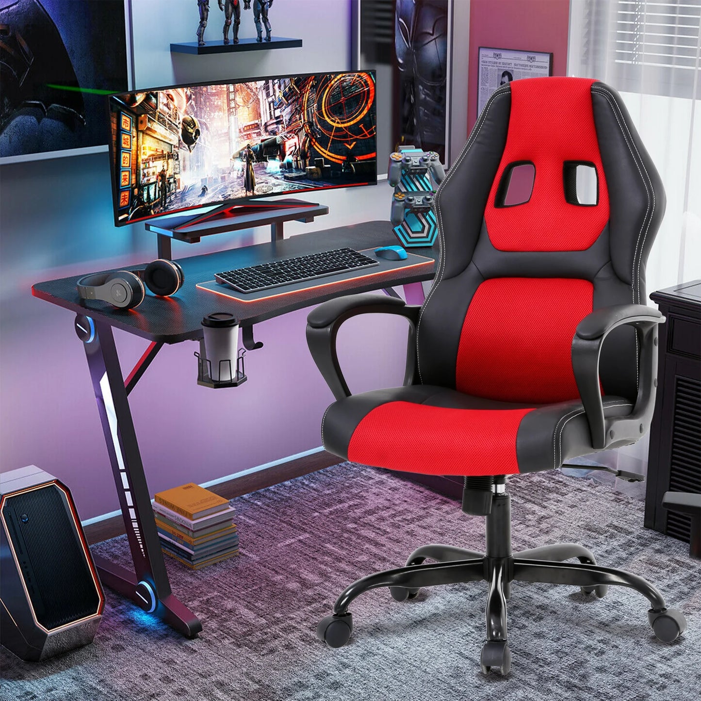 Gaming Chair PC Gaming Chair Gaming Chairs for Adults, Computer Chair PU Leather Office Desk Chair with Arms & Back Ergonomic High-Back Video Game Chair(Red)