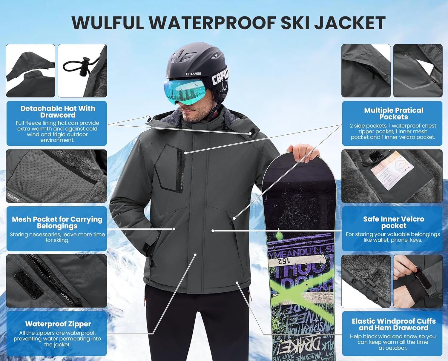 Men'S Waterproof Ski Jacket Warm Winter Snow Coat Mountain Windbreaker